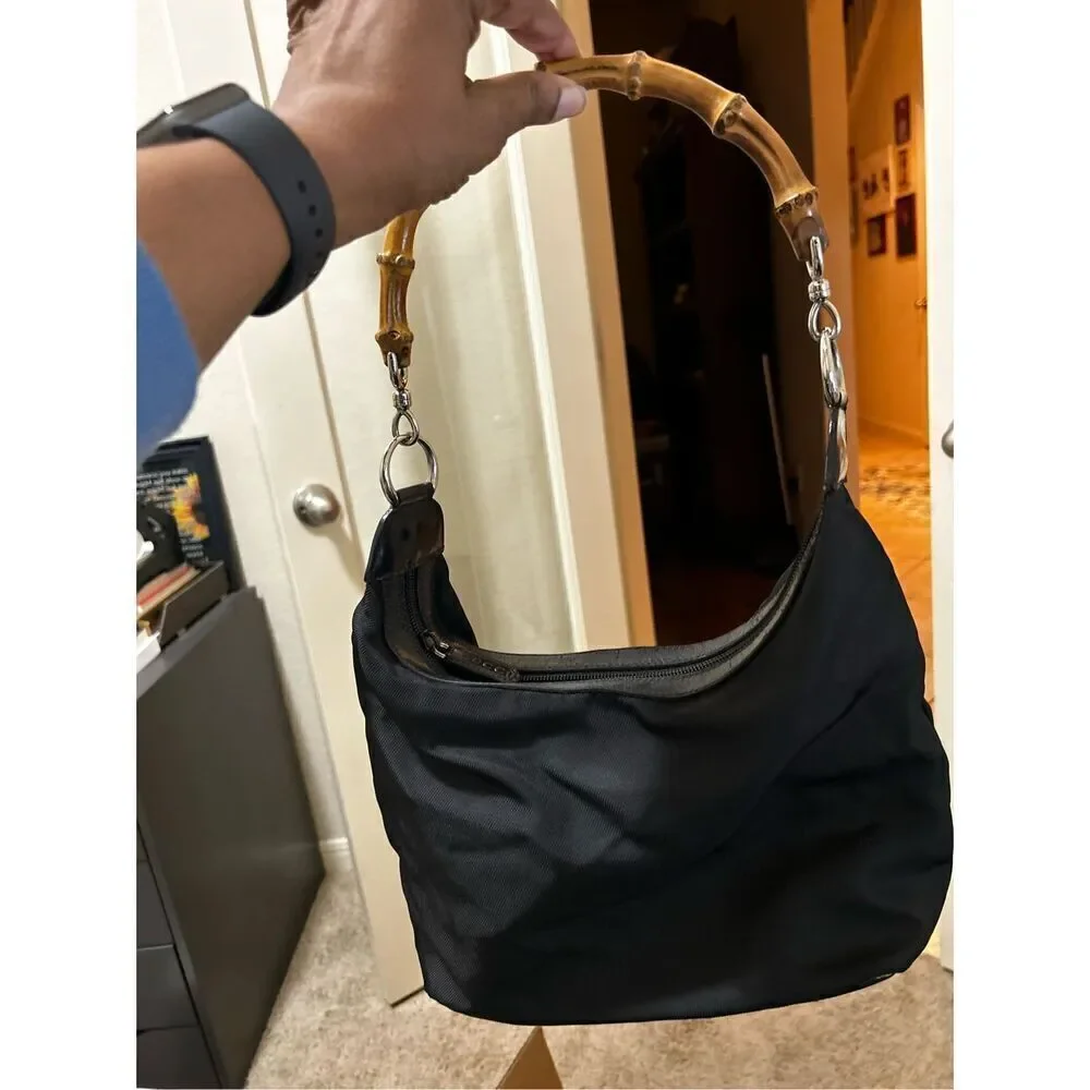 Gucci Nylon Shoulder Bag With Bamboo Strap Black Iconic Summer Tropical Luxury - Picture 13 of 13